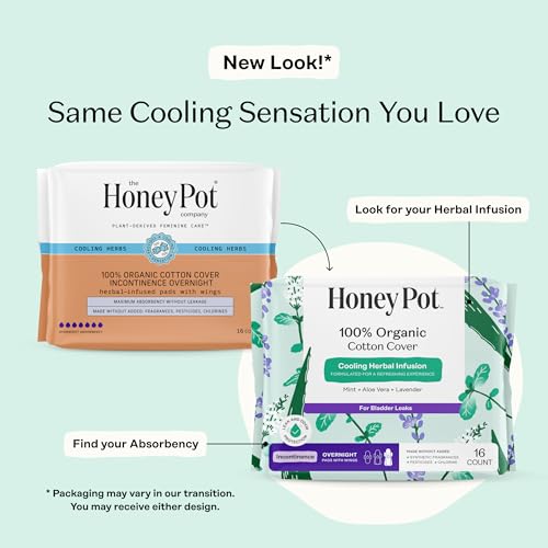 Image of The Honey Pot Company - Cooling - Overnight - Incontinence Pads for Women | Cooling Effect - Infused w /Mint, Aloe, Lavender - Organic Cotton Cover - Bladder Leak Control - Feminine Care - 64 ct