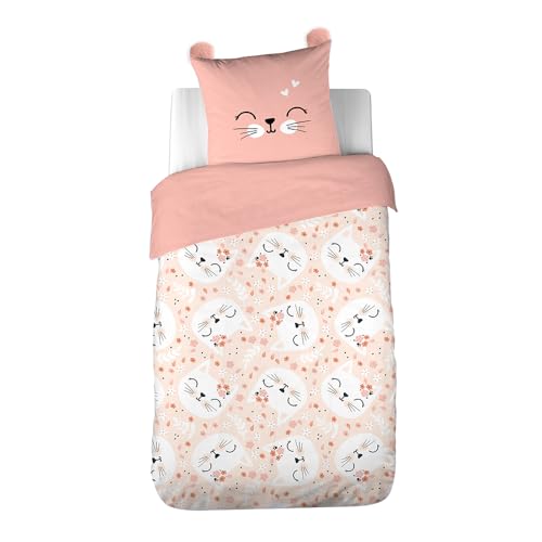 CÔTE DECO Parure de Lit Enfant Chat Rose – Housse de Couette 140x200 cm + 1 Taie d'oreiller 63x63 cm avec Oreilles Matelassées – 2 Pièces – Réversible Ultra...