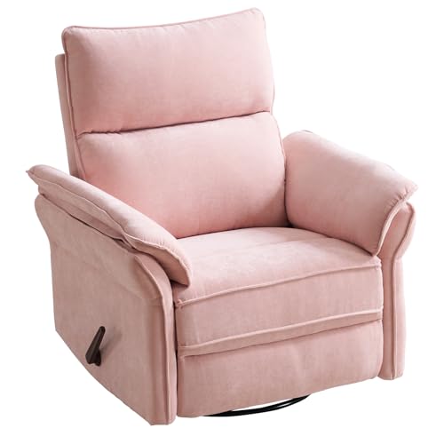 Image of Swivel Rocker Recliner with Adjustable Headrest,Upholstered Glider Rocker Recliner with Overstuffed Armrest,Manual Recliner Nursery Chair for Living Room,Pink