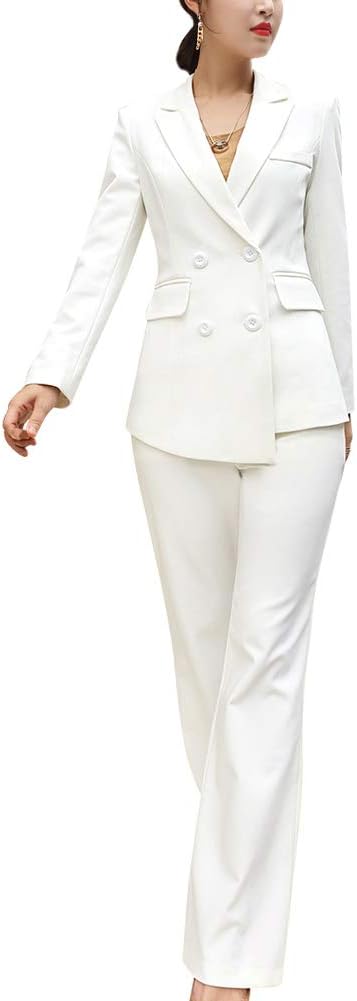 Women's Blazer Suits Two Piece Solid Work Pant Suit Business Office Lady Suits Sets (Bl01-white, Large)
