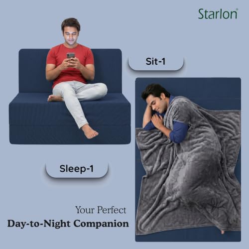 Image of Starlon 1 Seater Foldable Sofa Cum Bed 3-in-1 with Washable Jute Fabric Cover, Space Saving Guest Bed for Living Room & Apartment, Pre-Assembled Royal Navy Blue 3x6 Ft