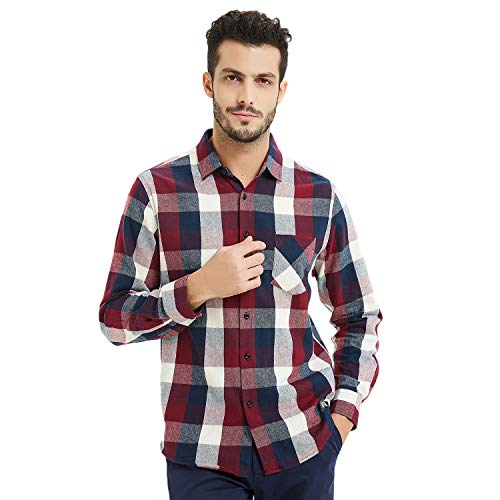 Ebind Men's Plaid Shirt Non Iron Long Sleeve Button Up 100% Cotton Shirts, White and Burgundy, 17-17.5 34/35