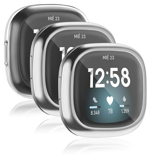 Meliya Case for Fitbit Versa 3 /Sense with Screen Protector 3Pack TPU Soft All-Around Protective Cover Bumper Case for Fitbit Sense