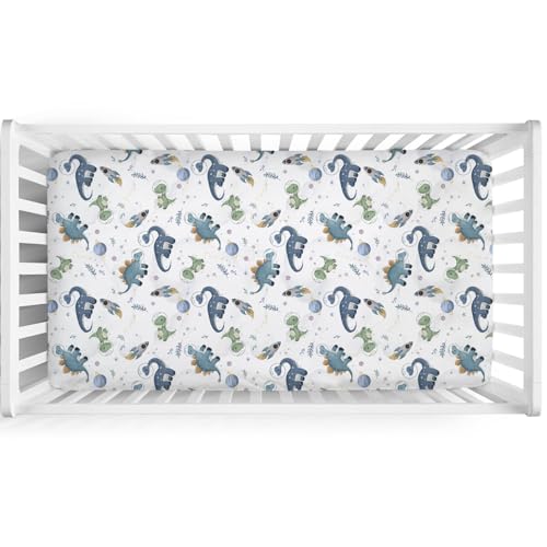 Image of Watercolor Space Dinosaurs Baby Crib Sheet 52''x28'' Cute Dinosaur Rockets Planet Stars Leaves Snug Fitted Crib Mattress Cover for Boy Girl Soft Baby Bed Sheet for Standard Crib and Toddler Mattress