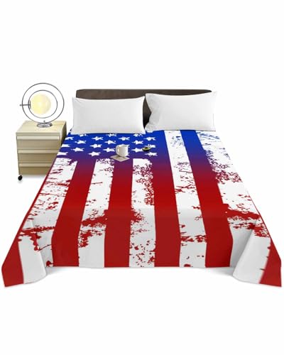 Queen Size Top Sheet Only, Retro Independence Day USA Flag Flat Sheet Microfiber Breathable Soft Bed Sheets, Abstract Stripes and Stars Hotel Bedding Flat Sheets for Bedroom