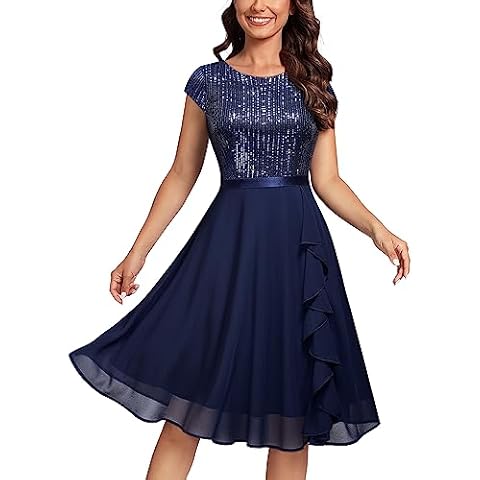 MISSMAY Women's Elegant Glitter Sequin Ruffle Style Cocktail Prom Dress (Small, Navy Blue) Cover