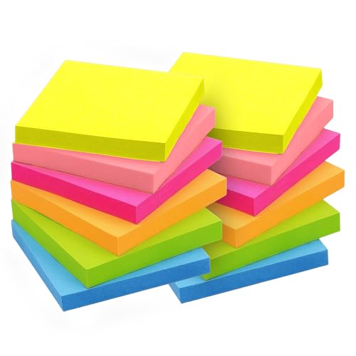 NextWell 1200 Sheets of Sticky Notes | Pack of 12 Pads 3 x 3 inch | Neon Bright Colour Self-Stick Pads Stay Organized & Creative with Removeable self Adhesive Notes.
