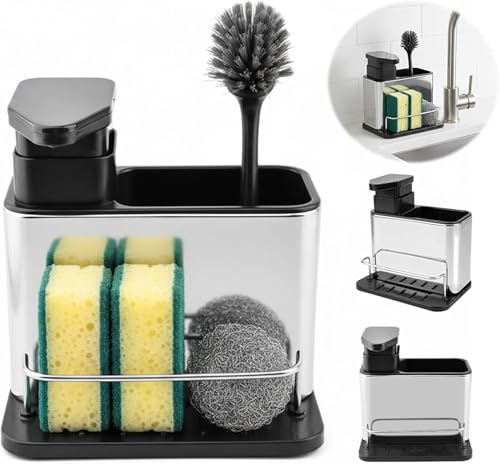 Image of Steel Kitchen Sink Caddy with Soap Dispenser - 3-in-1 Dishwashing Organizer for Sponge & Brush | Rustproof Sink Shelf for Kitchen Counter