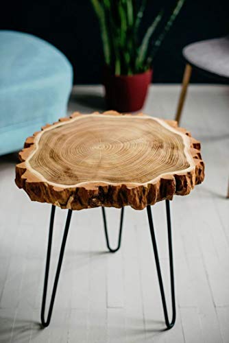 Image of Arico Natural Tree Bark End Table /Coffee Table /Bedside Table with Hairpin Metal Legs (Glossy)