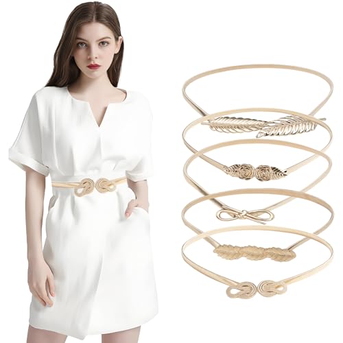 5 PCS Metal Skinny Belt Women, Stretch Gold Belts for Women , Elastic Gold Waist Chain Belts with Metal Buckle for Women Fancy Fashion, Cinch Belt for Dress, Sweater and Shirt(Gold, 70cm / 27.5inch)