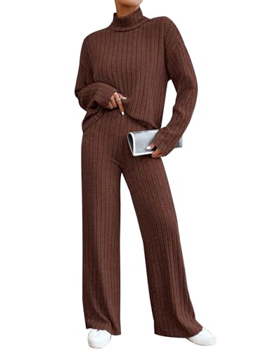 Pull à col roulé en tricot et pantalon large : ensemble de vêtements de nuit côtelés femme