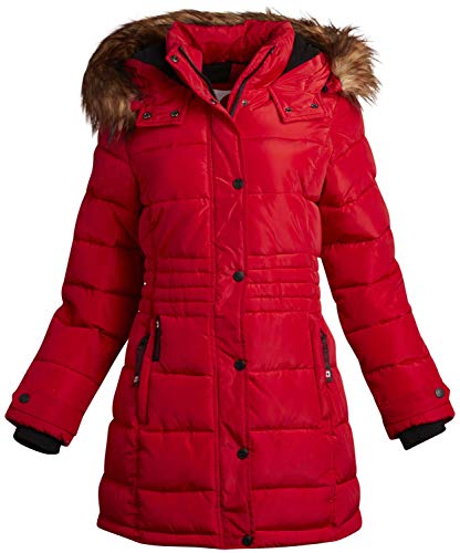 Canada Weather Gear Women's Heavyweight Long Length Bubble Puffer Jacket (Red/Natural Fur, Large)