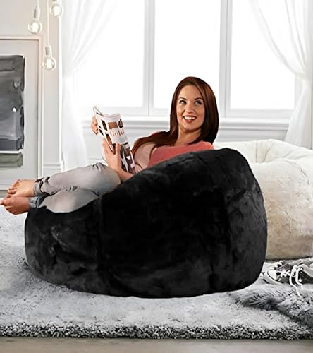 Image of Premium and Luxurious Fur Bean Bag Sofa Chair (Without Beans) Bean Bag Cover Without Beans. for Kids and Adults XXXL (Black Fur + 3XL)