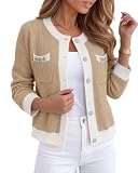 CHICME Women Contrast Trim Knit Cardigan Elegant Button Front Sweater-Kh-S