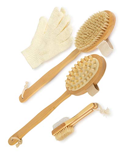 Olivia & Aiden Dry Brushing Body Brush Set (5-Piece Kit) Exfoliating Skin Massager and Cellulite Stimulator | Natural Detoxifying Face and Body Brushes, Pumice Stone, Loofah Gloves