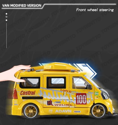Image of 1:24 Wuling Hongguang Graffiti Racing Van Toy Die-Cast Model Bus with Light, Sound Door Open & Pull Back Action,Mini Van Toy for Kids & Collectors Yellow