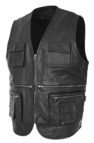 Gilet de pêcheur en cuir véritable noir souple contre l'usure des vêtements