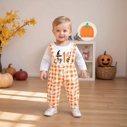 Newborn Baby Boy Halloween Outfit Pumpkin/Skull Long Sleeve Romper Overalls Pants Hat Set Cute Fall Winter Clothes2