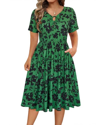 Image of RITERA Plus Size Dresses for Curvy Women Short Sleeve V-Neck Summer Dress Floral /Solid Midi Sundress with Pockets XL-5XL