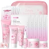 LAIKOU Sakura Ensemble de Soins du Visage, 8 Pièces Coffret Cadeau Femme Soin, avec Nettoyant Gel Exfoliant Masque Nez Toner Pads Sérum Crème Masque Hydratant, Pour une Peau Propre et Hydratée