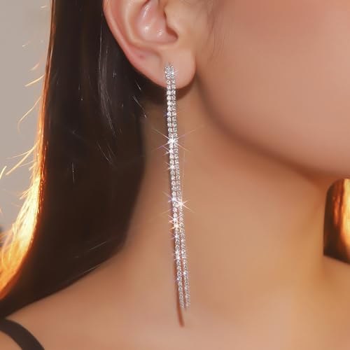 HUJUON Elegant Long Rhinestone Chain Earrings. Punk Double Strand Tassel Line Earrings Minimalism Crystal Drop Earrings for Women Wedding Jewelry2