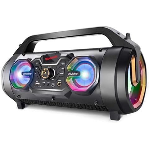 Boytone, Portable Bluetooth Boombox Speaker, Indoor/Outdoor, 25W, Loud Sound, Deeper Bass, EQ, 5" Subwoofer, 2 x 3 Tweeter, FM, 9H Playtime, USB Port, AUX, Microphone, Recording, LED Light (BT-16S) Cover