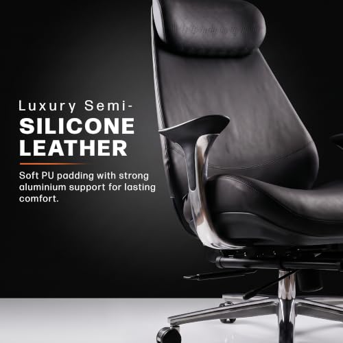 Image of Drogo Amara Ergonomic Office Chair for Work & Home- Luxury Semi-Silicone Leather, 5cm Seat Depth Adjustment, Curved Headrest, PU Aluminium Armrest, 135 Recline with 3 Lock Positions, Footrest (Black)