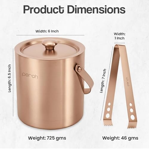 Image of O' Holic by Perch Stainless Steel Double Wall Ice Bucket & Tong - 1500ml | Insulated with Lid & Handle| Bartender Kit |Premium Barware Accessories for Home Bar, Parties, Cocktails & Gifting |Rose Gold