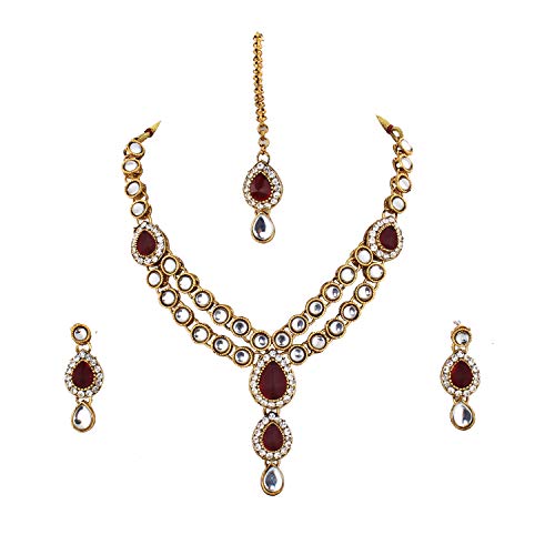 Lucky Jewellery Designer Kundan Stone Double Locket Necklace Set with Earring and Tikka for Girls & Women