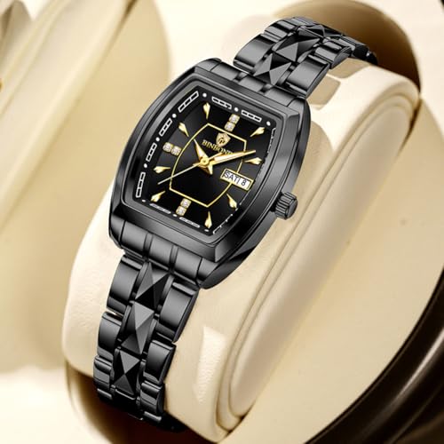 Image of BINBOND Square Watches for Women Analog Quartz Day Date Ladies Wrist Watch Diamond Stylish Stainless Steel Dress Womens Watch Elegant Luminous Waterproof