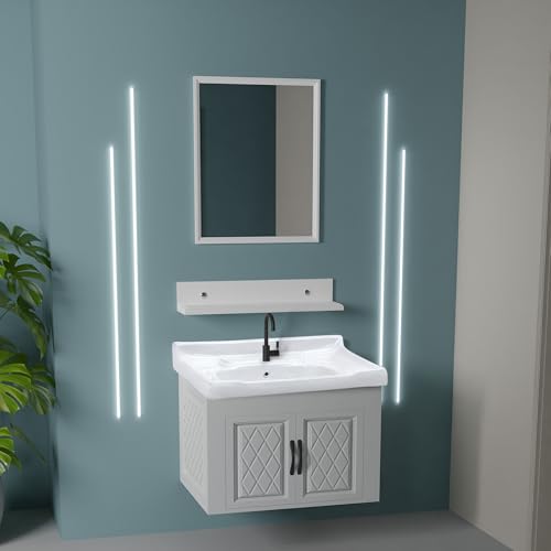 Image of WASSMIST Bathroom Vanity Washbasin Cabinet with Mirror & Shelf | Wall Mounted Wash Basin with Cabinet Full Set | Waterproof & Unbreakable (White)