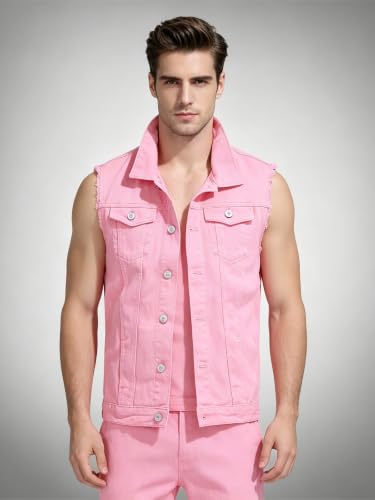 Image of Men's Sleeveless Ripped Denim Vest Casual Slim Fit Button Down Jeans Vests Jacket