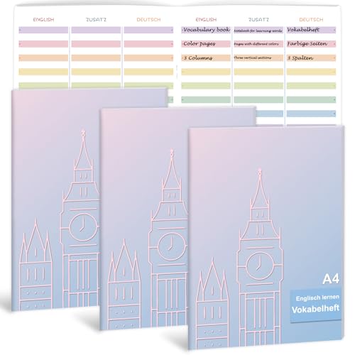 3 Stück Vokabelheft Din A4 3 Spalten Vokabelheft Englisch A4 Lineatur 54 Mit Teilungslinie 16 Blatt Schreibheft Heft A4 Lineatur 54/3 Spal Für Lernwörter Schüler Sprachbegeisterte 80 g/m Mehrfarbig