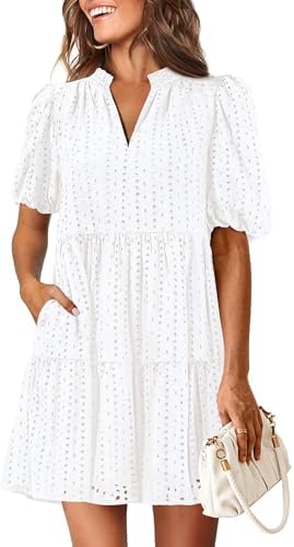 KIRUNDO Eyelet Summer Dresses for Women 2025 Mini Casual Hollow Out Short Sleeve Lace Tiered V Neck Shift Dress Pockets