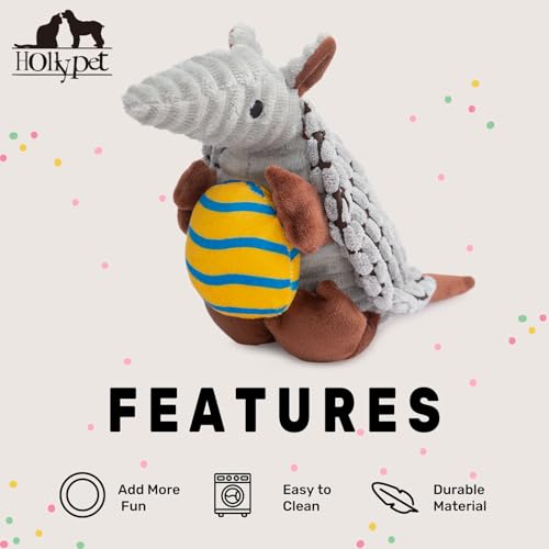 Image of Hollypet Plush Dog Squeaky Toy Stuffed Armadillo Animal Pet Puppy Chew Toys with Clean Teeth for Small Medium Large All Breed Sizes Dogs, Gray, 8 in, Yellow Egg with Blue Stripes