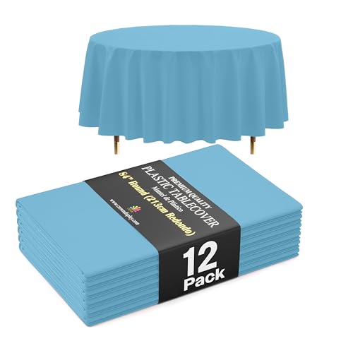 Image of Exquisite 66% Thicker Premium Sky Blue Round Tablecloth 0.5 Mil 12 Pack Plastic Table Cloth Disposable 84 Inch Round Plastic Tablecloth Won't Tear Easily Like Cheap Thin Brands