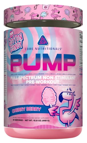 Image of Core Nutritionals Pump Full-Spectrum Non-Stimulant Pre-Workout, with N03T Nitrate, Peak02, Alpha GPC, for Maximum Pump, Strength, and Performance 20 Servings (Fun Sweets Cotton Candy Cherry Berry)