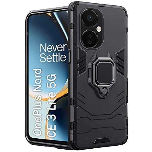 Image of TheGiftKart Tough Armor Bumper Back Cover Case for OnePlus Nord CE 3 Lite 5G | Ring Holder & Kickstand in-Built | 360 Degree Protection Back Cover Case (PC & TPU, Black)