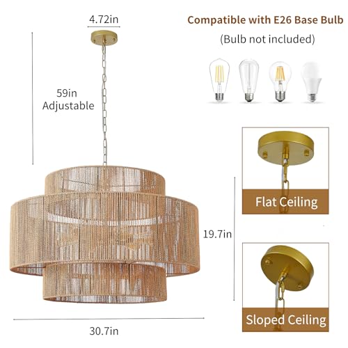 Image of 30.7in Large Rattan Chandeliers, 3-Tier Woven Boho Pendant Lights, Hemp Rope Hanging Ceiling Light, Wicker Lighting Fixture for Living Room, Dining Room, Bedroom, Kitchen Island