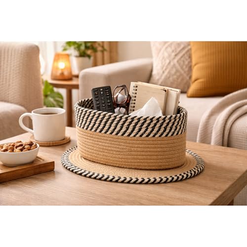 Image of Remote Stand for Table | Cotton Rope Storage Basket for Makeup Organisers, Coffee Table Organiser & Remote Holder for Living Room | Eco-Friendly Dual-Tone Organizer with Mat (ZEB-Black & Beige)