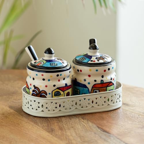 Image of ExclusiveLane 'The Hut' Ceramic Pickle Jars for Dining Table Ceramic Container With Spoons & Iron Tray(Non Air-Tight,Set Of 2,280 ml)|Ceramic Jars for Kitchen Storage Pickle Jar for Storage,Multicolor