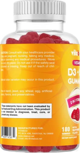 Vitabod Vitamin D3 K2 Gummies - Bone & Heart Health - 180 Pectin Based Gummies #TOP2