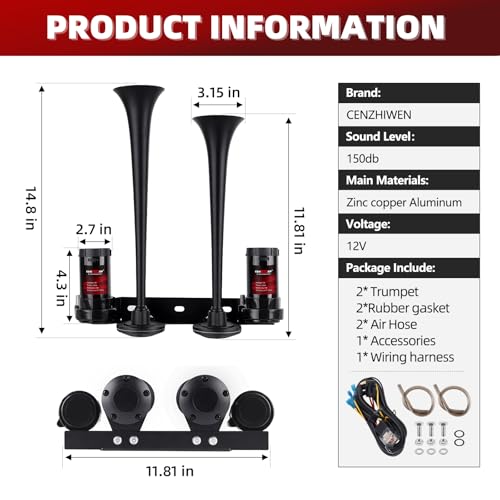 Image of Upgrade Dual 2-Trumpet Metal Air Horn for truck Kit with 2 air Compressors,12V 150dB Ultra Loud impact train car horn is suitable for pickup /SUV /Boat and other vehicles(Two-tube integrated)