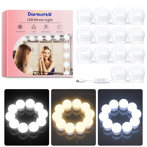 daphomeu USB Luci per Specchio da Trucco, 14 Lampadine Dimmerabili, Luci da Specchio Hollywood con 3 Modalità Colore, Make Up Luci a LED per Trucco Cosmetico Bagno