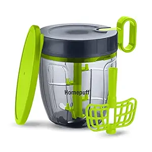 HomeBasics by Home Puff 1000ml Fruit & Vegetable Chopper for Kitchen, 5 Stainless Steel Blades, Free lid for Storage Container, Unbreakable Plastic, Free Curd/Cream Whipper, Egg Beater, Made in India, with Warranty