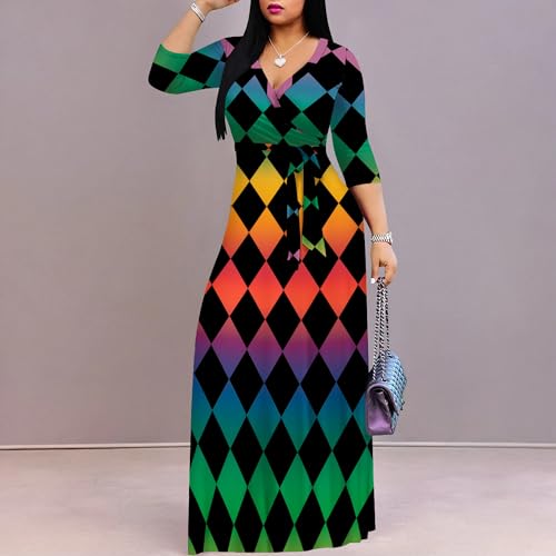 Image of PinkPatty Women's Plus Size Maxi Dress Casual 3 /4 Sleeve Dress with Belt | Soft stretch feel, printed style, flowy A-line fit, v neck, waist tie, side pockets, for vacation, party and daily wear