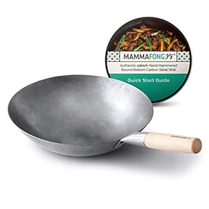 Mammafong Round Bottom Carbon Steel Wok Pan – Authentic Hand Hammered Woks and Stir Fry Pans – 12-inch Pow Wok for gas stoves