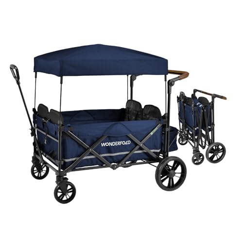 Image of WONDERFOLD X4 Push & Pull Stroller Wagon (4 Seater) - Wagon Stroller with Seats with 5-Point Harnesses, Adjustable Push Handle, and Sun Canopy, Sapphire Navy