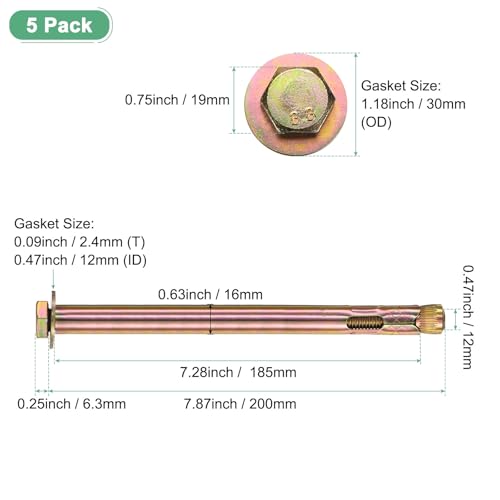 Image of M METERXITY 5-Pack Hex Expansion Bolt, M12x200mm Colored Galvanized Iron-Carbon Steel External Hex Expansion Bolts, Anti-Corrosion Metal Bolt for Concrete /Dry Brick /Block Walls