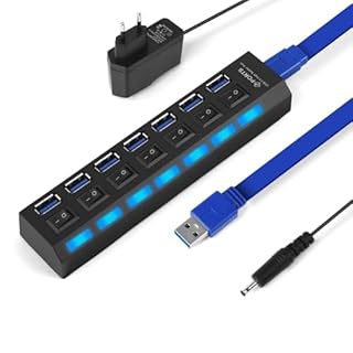 OFFCUP Hub USB Alimentato 7 Porte (1 USB 3.0 6USB 2.0) Con Interruttori Individuali e Spie LED Ciabatta Multi Presa USB, Sdoppiatore USB, Plug & Play, per PC Laptop Stampante MacBook Mouse e Altro